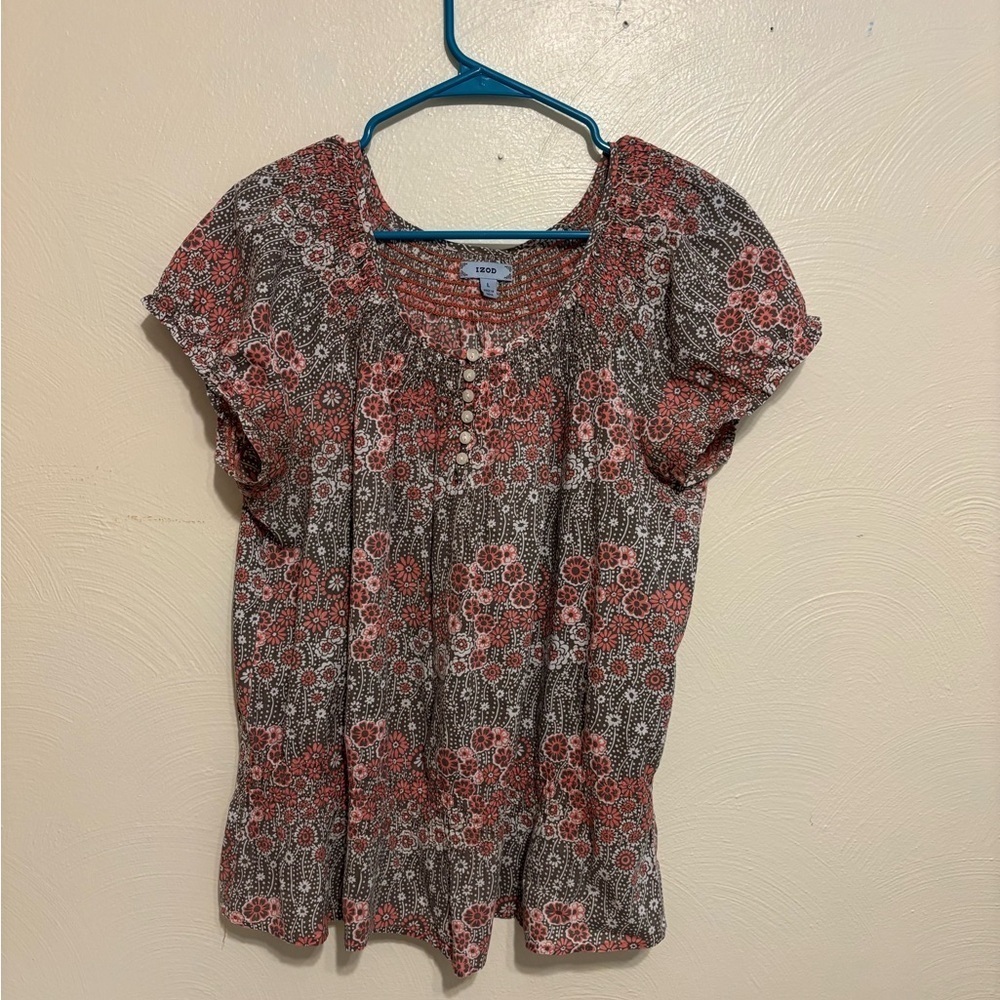 Izod Floral Blouse with Red and Gray Accents